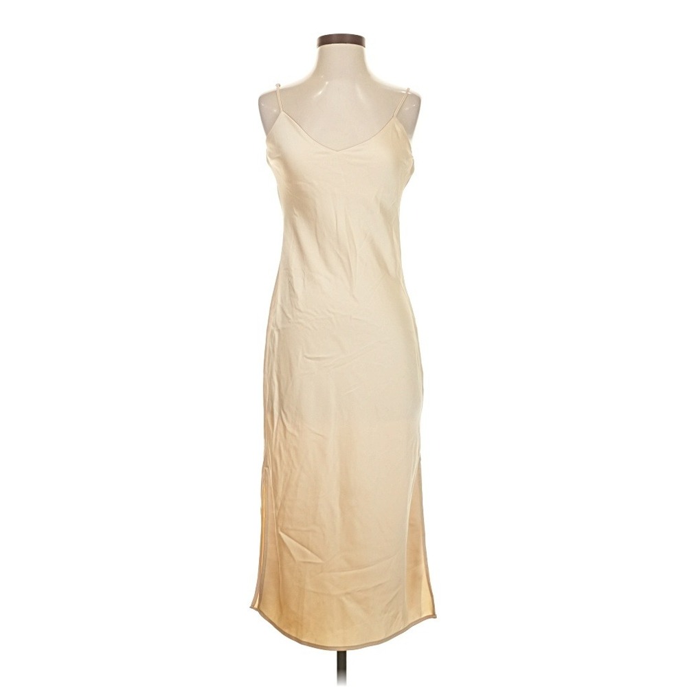 Gianni Bini Champagne Satin Slip Midi Dress V-Neck Side Slit Size 0